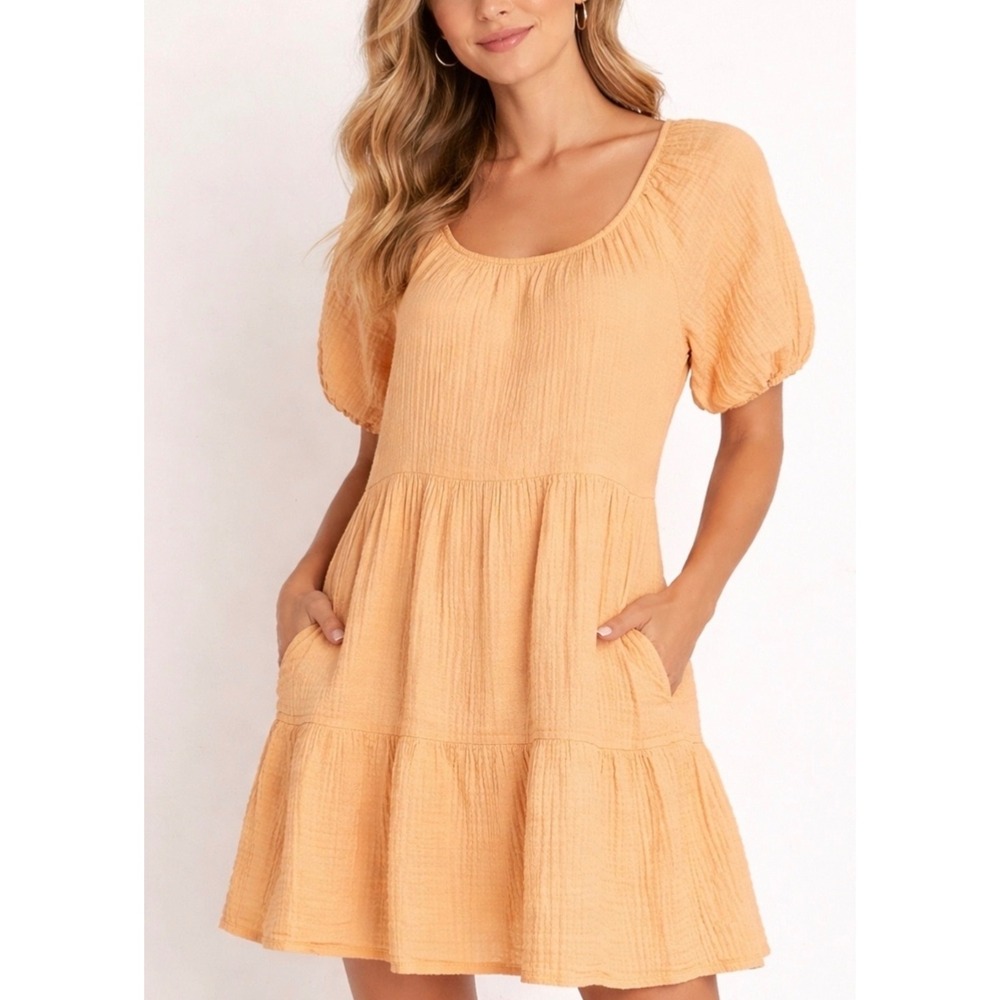 Old Navy Sz S Gauzy Muslin Orange Puff Sleeve Tiered Babydoll Dress Cottagecore